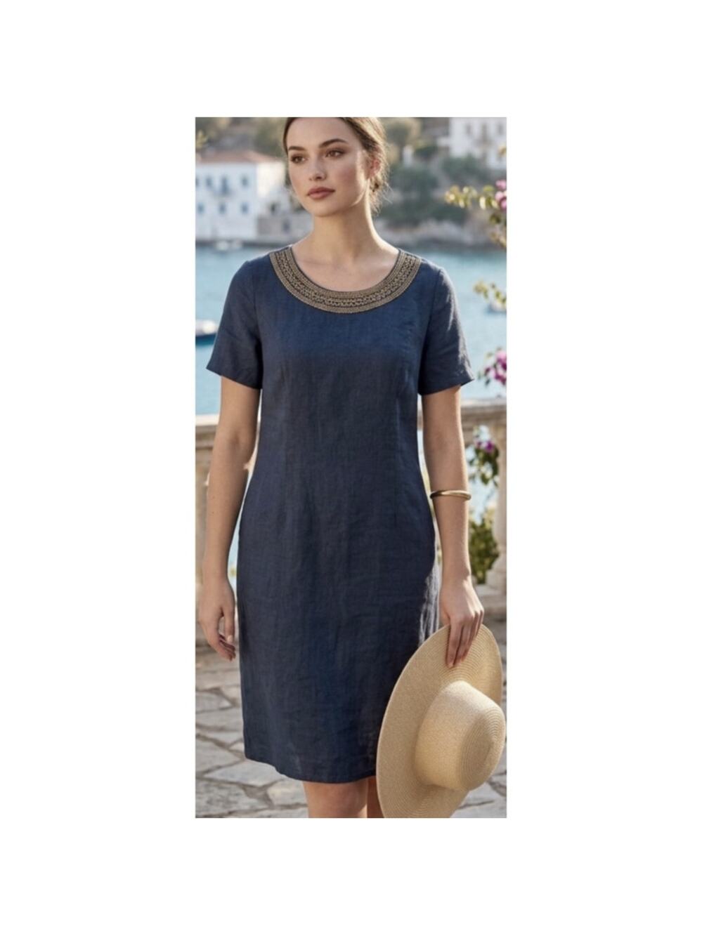 Gorgeous Lina Tomei Deep Indigo Mediterannean Style Comfy Beaded Linen Dress